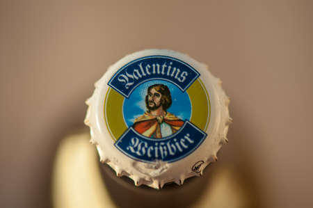 TIMISOARA, ROMANIA - AUGUST 20, 2018: Close-up on a Valentins Weiï¿½bier beer bottle cap. Made in Germanyのeditorial素材