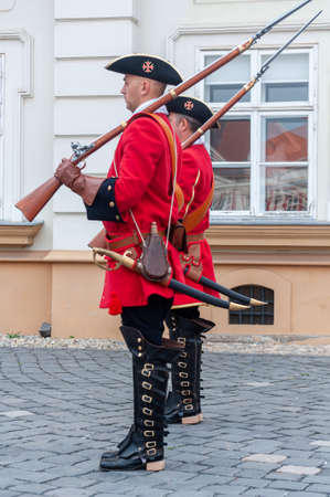 Timisoara, Romania - September 15, 2018: Parade of changing the guard. Period costumes.のeditorial素材