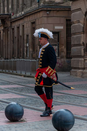 Timisoara, Romania - September 15, 2018: Parade of changing the guard. Period costumes.のeditorial素材