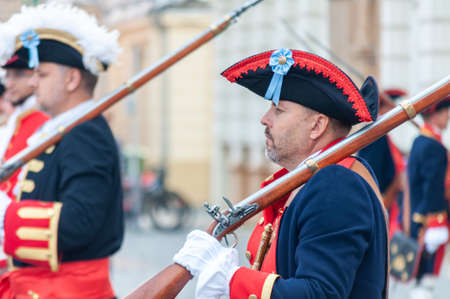 Timisoara, Romania - September 15, 2018: Parade of changing the guard. Period costumes.のeditorial素材