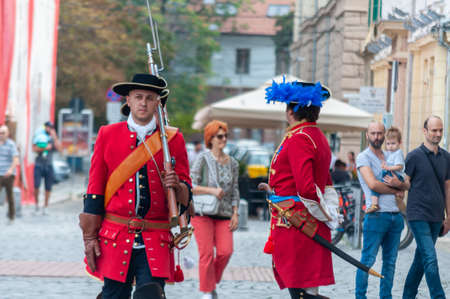 Timisoara, Romania - September 15, 2018: Parade of changing the guard. Period costumes.のeditorial素材