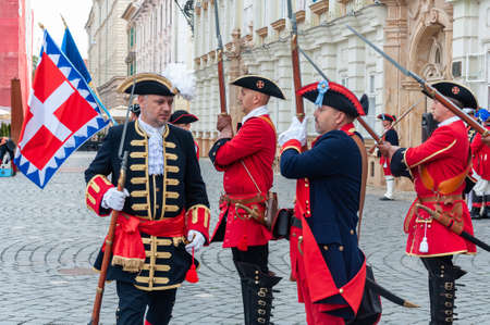 Timisoara, Romania - September 15, 2018: Parade of changing the guard. Period costumes.