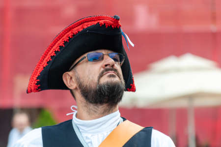 Timisoara, Romania - September 15, 2018: Parade of changing the guard. Period costumes.のeditorial素材