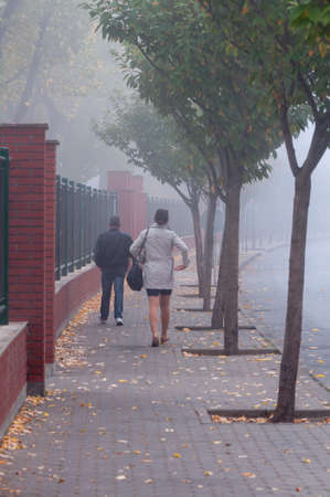 People walking on the street. Real people. View from behind.の写真素材