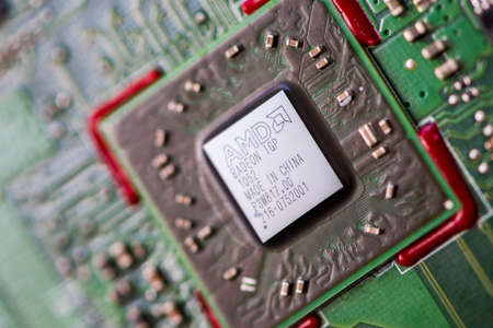 TIMISOARA, ROMANIA - NOVEMBER 10, 2019: Close-up of a AMD Mobility Radeon HD 4250, 216-0752001. ...
