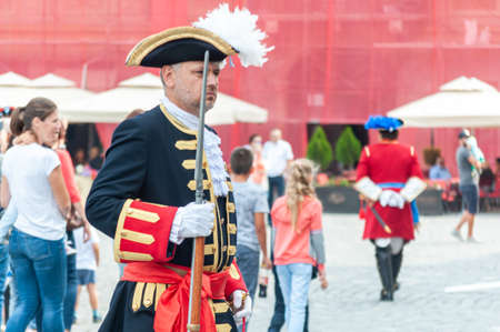 Timisoara, Romania - September 15, 2018: Parade of changing the guard. Period costumes.のeditorial素材