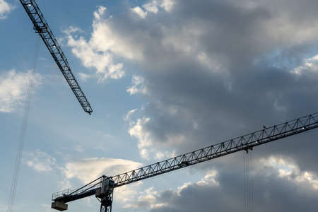 Close-up of cranes against the blue sky. Crane silhouette.