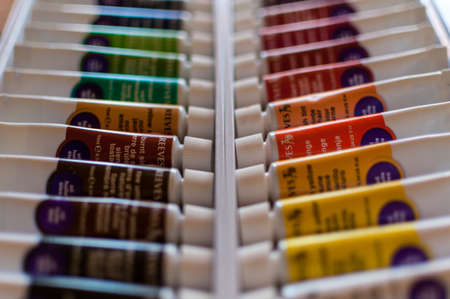 TIMISOARA, ROMANIA - JANUARY 11, 2018: Close-up of Reeves oil colors. 24 artist colours. Paint tubes.のeditorial素材