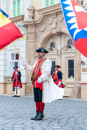 Timisoara, Romania - September 15, 2018: Parade of changing the guard. Period costumes.のeditorial素材