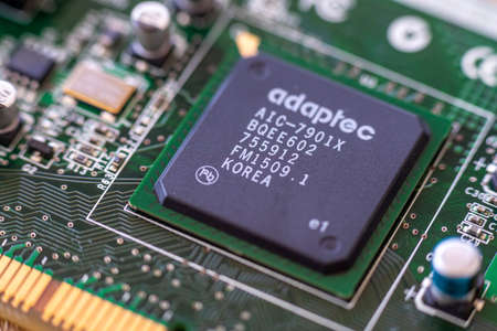 Timisoara, Romania - April 11, 2020: Close-up of a Adaptec AIC-7901X SCSI Controller. Electronic...