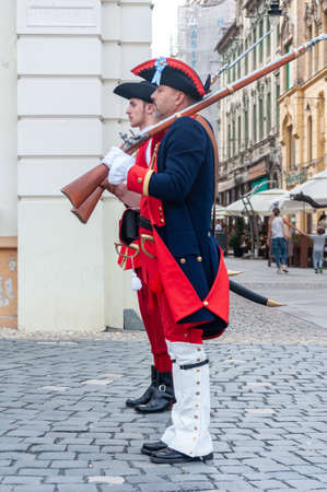 Timisoara, Romania - September 15, 2018: Parade of changing the guard. Period costumes.のeditorial素材