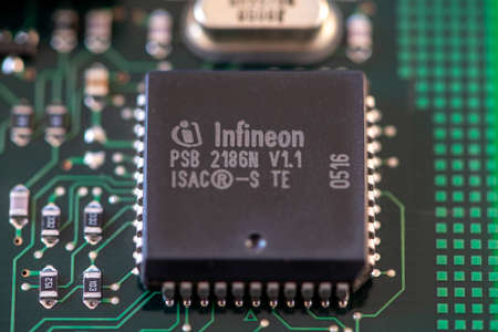 Timisoara, Romania - April 30, 2020: Close-up of an Infineon PSB 2186N Telecom Interface integrated...