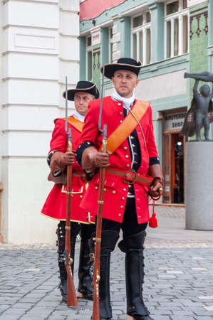 Timisoara, Romania - September 15, 2018: Parade of changing the guard. Period costumes.のeditorial素材
