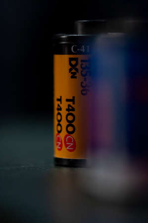 Timisoara, Romania - November 18, 2015: Close-up of a Kodak T400 CN film roll for SLR cameras. High...