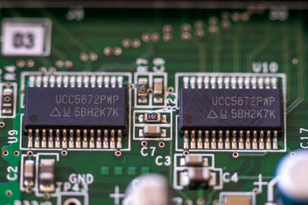Timisoara, Romania - April 11, 2020: Close-up of a Texas Instruments UCC5672PWP Multimode Terminator...