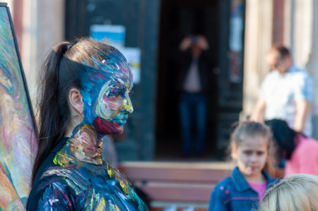 Timisoara, Romania - March 31, 2017: Woman posing as a human statue at the CheckArt Carnavalのeditorial素材
