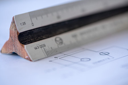 Close-up of a wooden ruler with a blueprint in the background. Architect tools. Selective focus.の写真素材