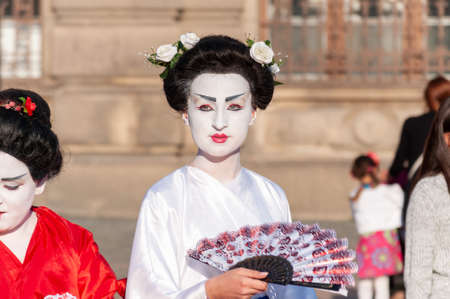 Timisoara, Romania - March 31, 2017: Geisha, woman in traditional japanese kimono at the CheckArt Carnavalのeditorial素材