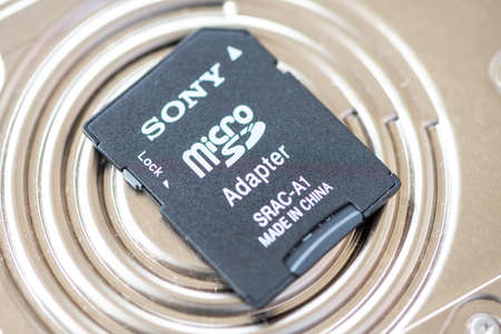 Timisoara, Romania - January 25, 2020: Close-up of a Sony micro SD to SD adapterのeditorial素材