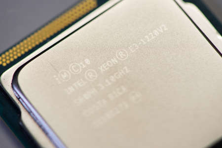 Timisoara, Romania - August 23, 2019: Close-up of an Intel Xeon Processor E3-1220 v2, Ivy Bridge. Electronic components. Shallow depth of field.のeditorial素材