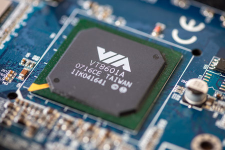 Timisoara, Romania - April 02, 2019: Close-up of a VIA VT8601A North Bridge Single-Chip Socket-370...