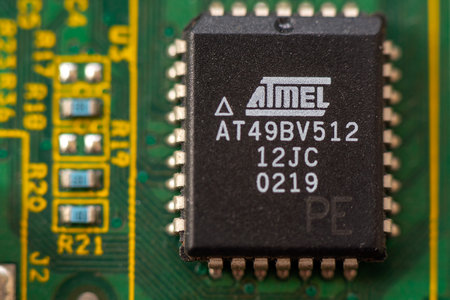 Timisoara, Romania - April 05, 2020: Close-up of a ATMEL AT49BV512 512K Flash memories. Electronic...
