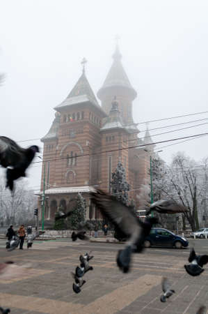 A view of the metropolitan orthodox cathedral in the fog. Pigeons flying in the foreground.の写真素材