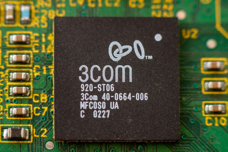 Timisoara, Romania - April 05, 2020: Close-up of a 3COM 920-ST06 Integrated Fast Ethernet...