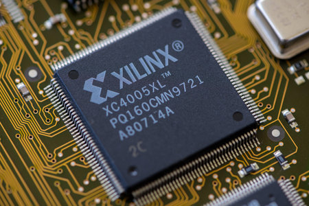 Timisoara, Romania - May 25, 2020: Close-up of a Xilinx . XC4005XL FPGA integrated circuit....