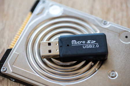 Close-up of a micro SD to SD adapter on a hard disk, USB penの写真素材