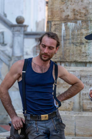 Timisoara, Romania - September 25, 2021: Portrait of travelling journeymen wearing old traditional clothes at the Hungarian Cultural Daysのeditorial素材