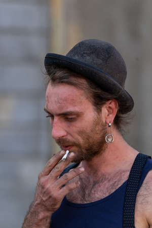 Timisoara, Romania - September 25, 2021: Portrait of travelling journeymen wearing old traditional clothes at the Hungarian Cultural Daysのeditorial素材