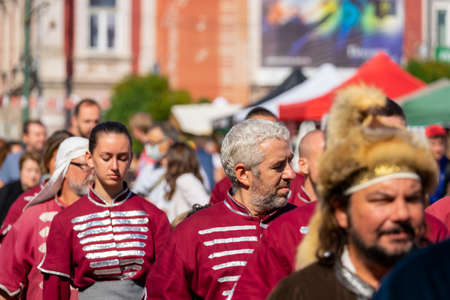 Timisoara, Romania - September 25, 2021: People dressed in hungarian medieval costumes at the hungarian cultural daysのeditorial素材