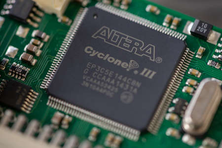 Timisoara, Romania - August 26, 2019: Close-up of an Altera Cyclone 3 EP3C5E144C8N integrated circuit. Electronic componentsのeditorial素材