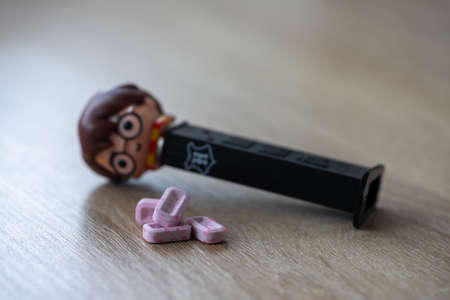 Timisoara, Romania - January 23, 2021: Close-up of PEZ candy on a wooden table. Harry potter charactersのeditorial素材