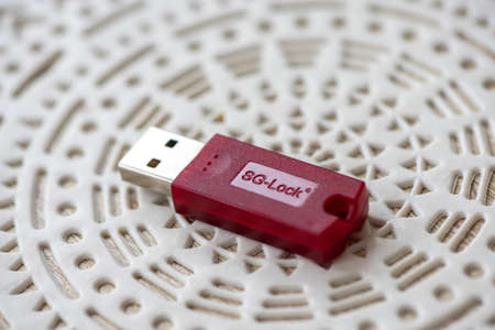 Timisoara, Romania - October 16, 2021: Close-up of a SG-Lock USB dongle, a hardware based copy protection systemのeditorial素材