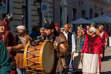 Timisoara, Romania - September 25, 2021: People dressed in hungarian medieval costumes at the hungarian cultural daysのeditorial素材