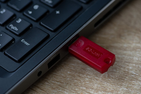 Timisoara, Romania - October 16, 2021: Close-up of a SG-Lock USB dongle, a hardware based copy...
