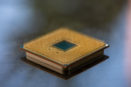 Close-up of the pins of a CPU sitting on a table