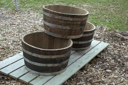 Barrel Halves stacked as if for planting flowersの写真素材