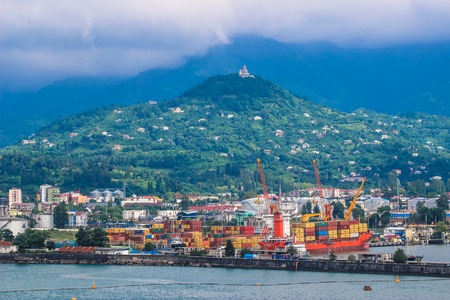 BATUMI, GEORGIA-JULY 6 2015 Batumi Sea Port with boats and passenger terminal. Georgiaのeditorial素材