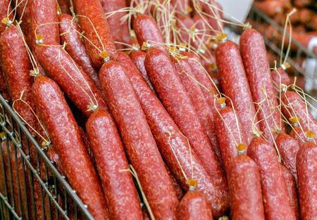 row of sausages at a meat factory.の写真素材