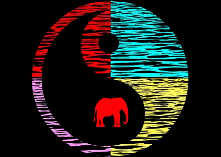 Abstract Yin Yang symbol of colourful animal prints with an African elephant within the circleの写真素材