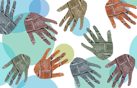 A funky abstract of textured hand prints on a background of circlesの写真素材