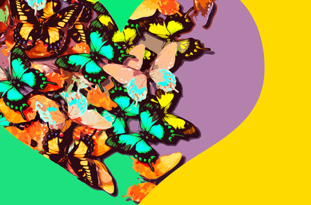 Collage of colorful butterflies within a heart shape on a bright backgroundの写真素材