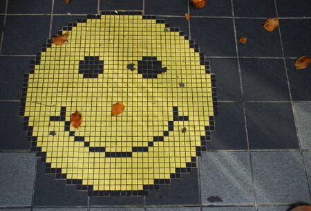 Mosaic of an smiling face emoticon on a gray tiles sidewalk, and some fallen tree leavesの写真素材