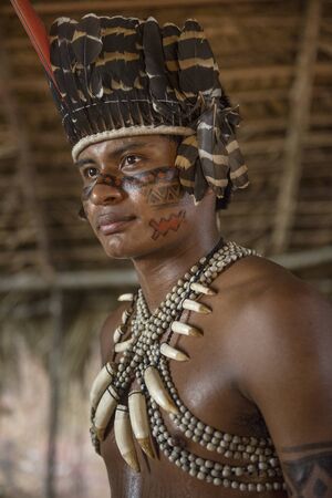 Manaus, Amazonas, Brazil - August 16, 2016: Indigenous Brazilian at Dessana Village, a touristic...