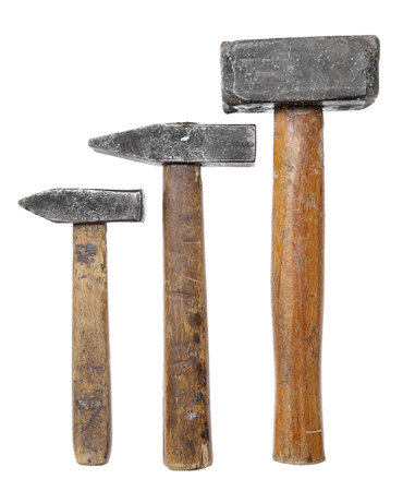 hammers big large medium small wooden handle working vintage isolated construction steel rustedの写真素材