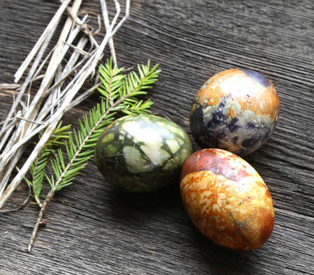 Colored easter eggs on vintage country board with fir