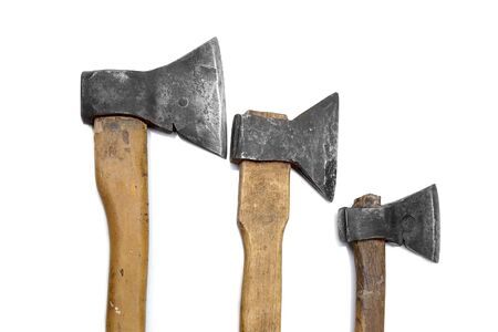 axes big large medium small wooden handle working vintage isolated construction steel rustedの写真素材
